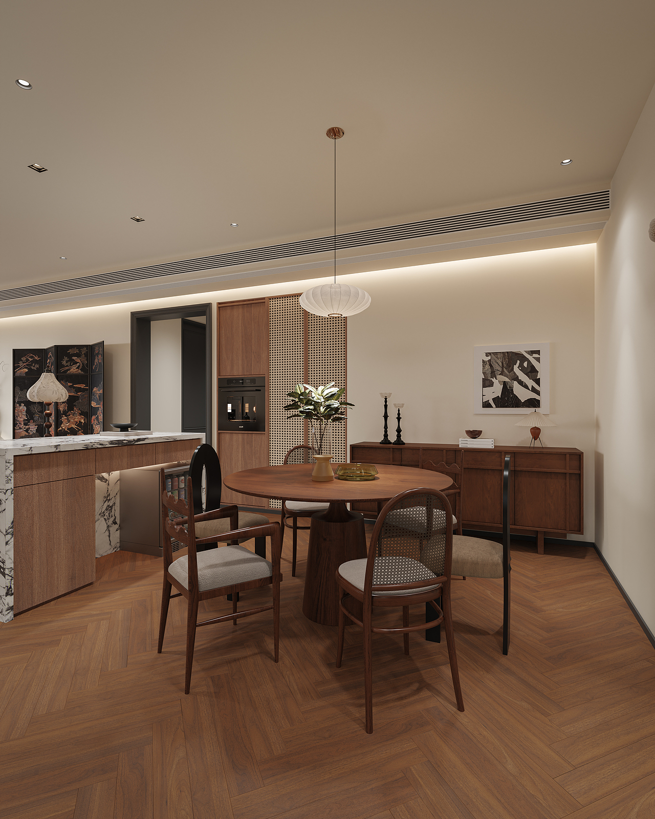 奶油中古风客餐厅渲染表现