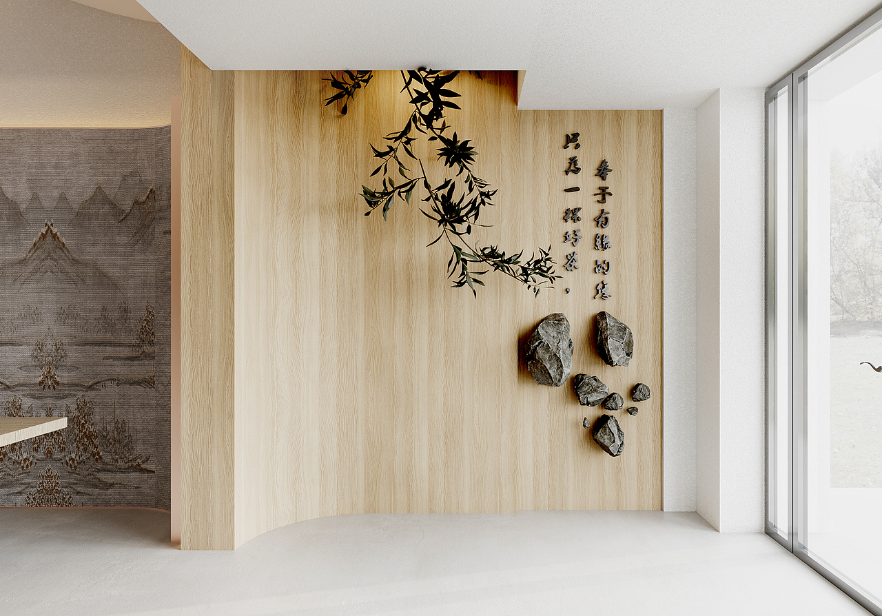 入门厅的位置挑空做了干枝逆向生长,让空间更有穿透感,