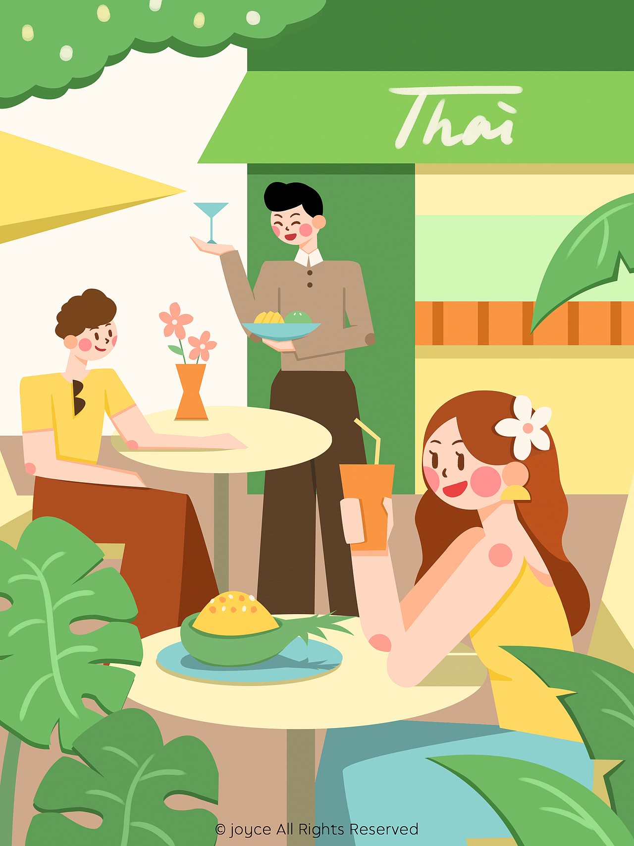 服务员与开心的顾客们在绿植环绕的泰式户外餐厅