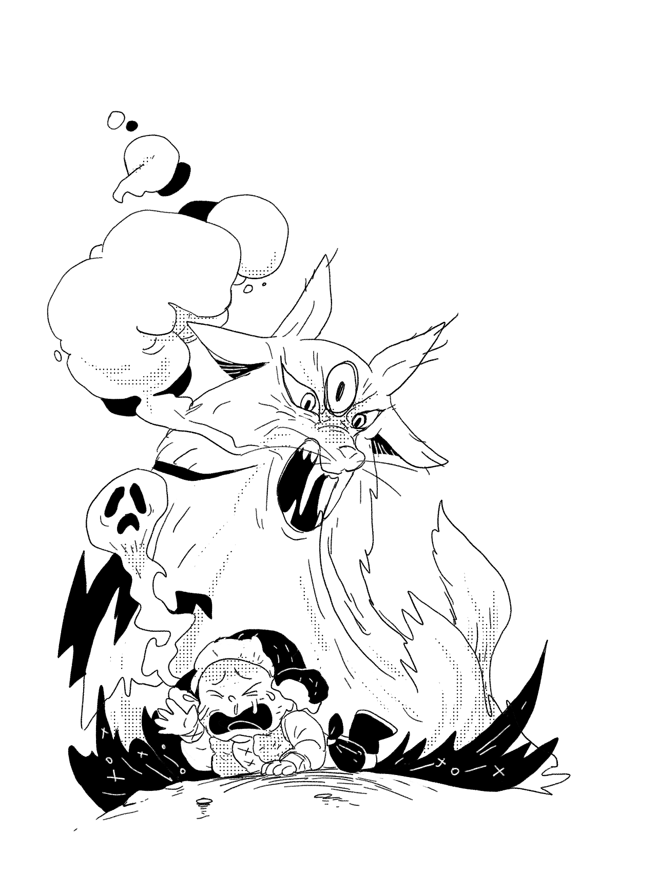 狐狸开始打扮了，老狼就帮他忙。狐狸真会想办法，他用两枝细竹管套在两颗牙齿上，这就是挺长挺长的大牙。额头上画了一只眼睛，一看有三只眼睛了。头顶上插了两片栎树叶子，好像真的有四只耳朵啦。可是还差一样，那第五条腿呢？老狼怎么也想不出办法。狐狸到底是最会想鬼花样的家伙，他想出来了。他把自己的长尾巴拖在地上，不是像一条腿吗？