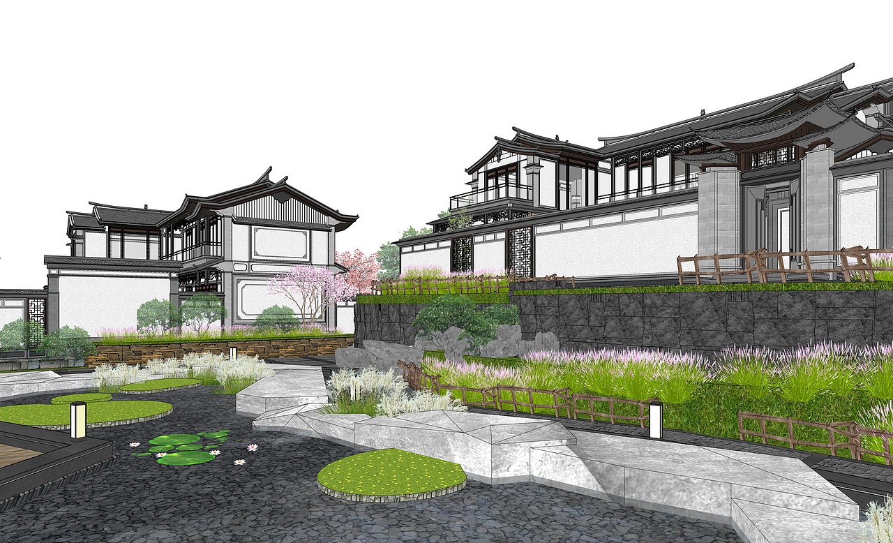 中式组团别墅+景观SU模型下载