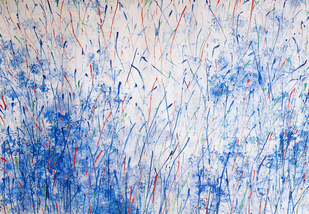 蓝色 域
<br>笔意遒劲,青篮浓郁,蓝色的记忆,清晰如梦,悠远而绵长!<br><br>纸本 设色 200×200cm 2022 汪流全