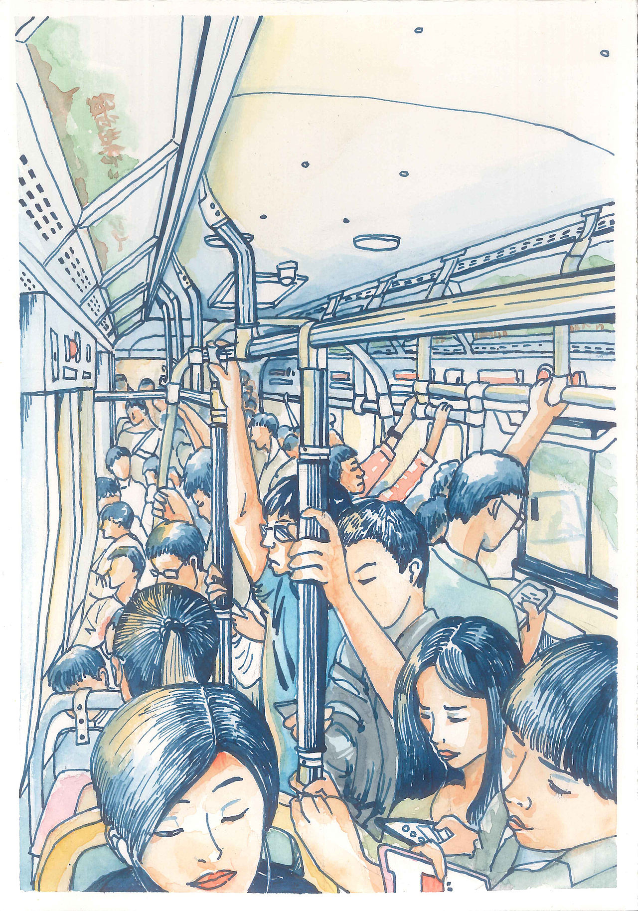 《手游从业者X先生》
<br>清晨,公交上班<br>拥挤的人们几乎都在低头玩手机<br>偶尔几个看向窗外<br>个人画得最有氛围感最满意的一张