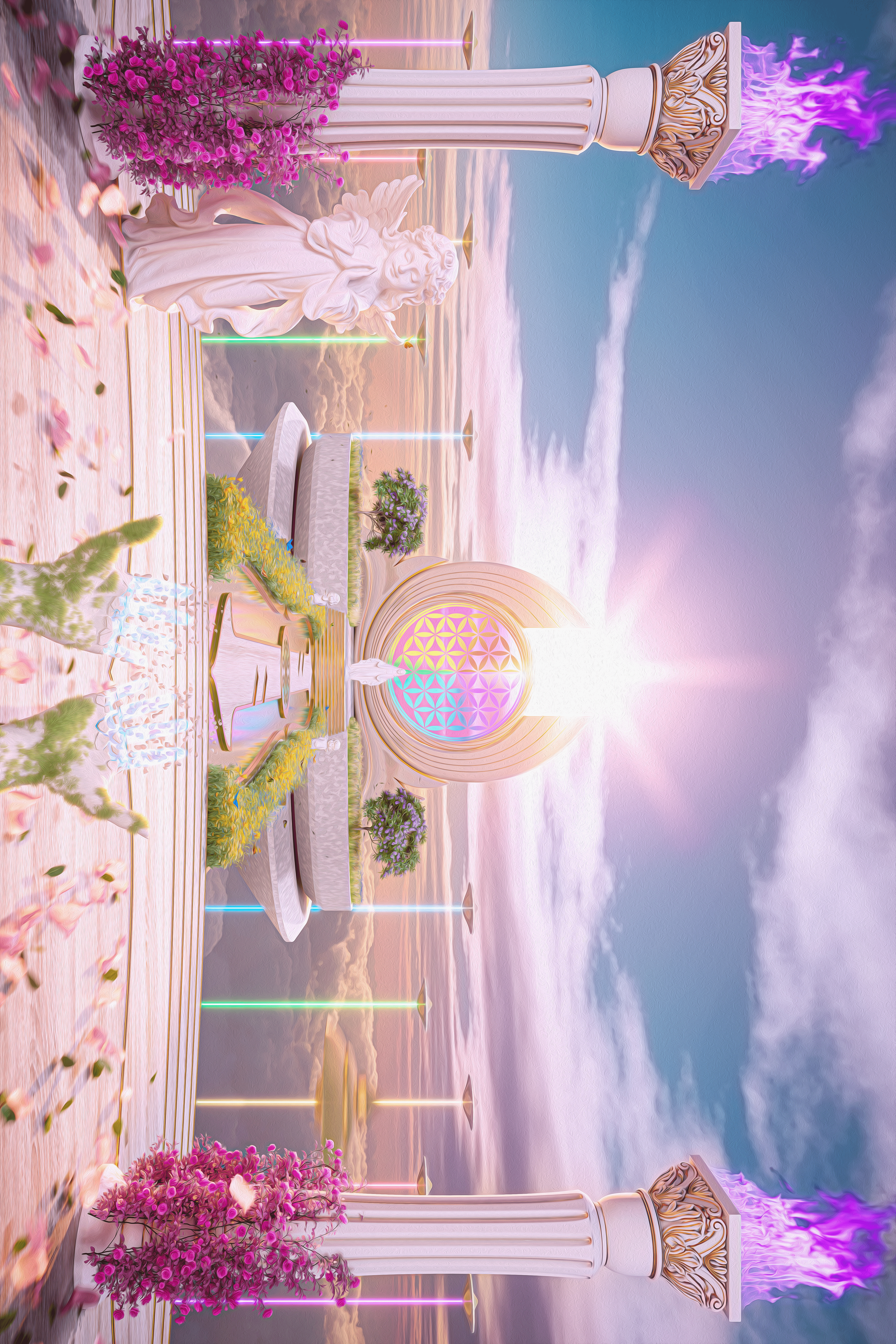 壁纸 天使雕塑 油画 生命之花 花草 天堂 飞碟 光