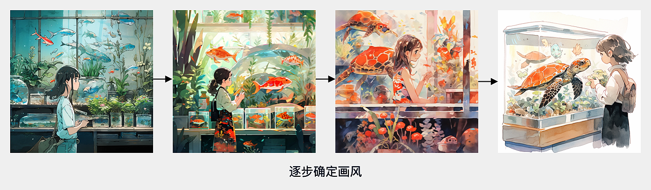 最终的提示词:A girl looks at the fish tank,a snail and a turtle are in the fish tank, Japanese comics/manga,Watercolor painting,Miyazaki Hayao, --q2 --niji5