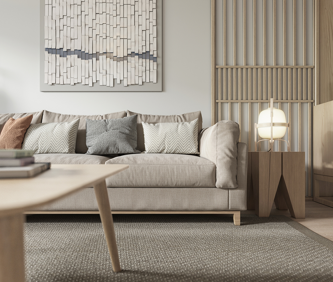 将自然界的原木材等材质大量运用于装修装饰中,秉承日式传统美学中对原始形态的推崇,着重显示木材的本来面目,加以精密的打磨,表现出原木的独特肌理。