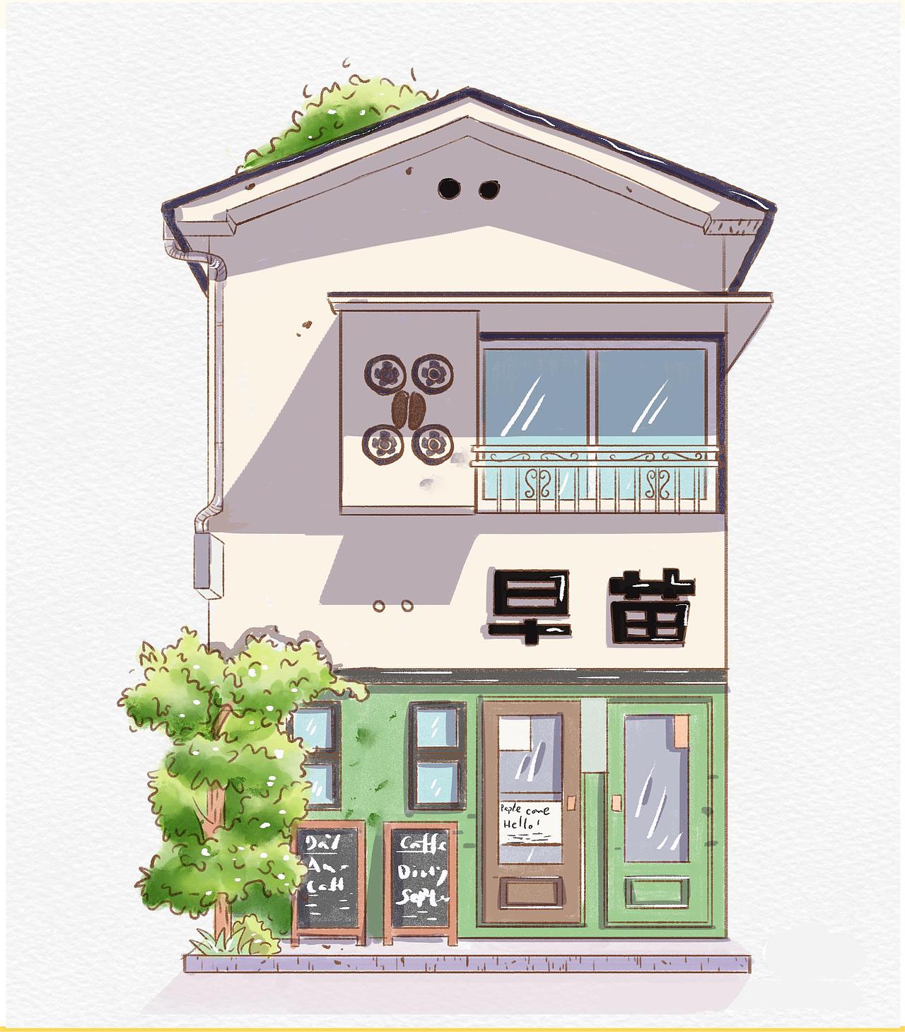 钢笔淡彩风格的小店