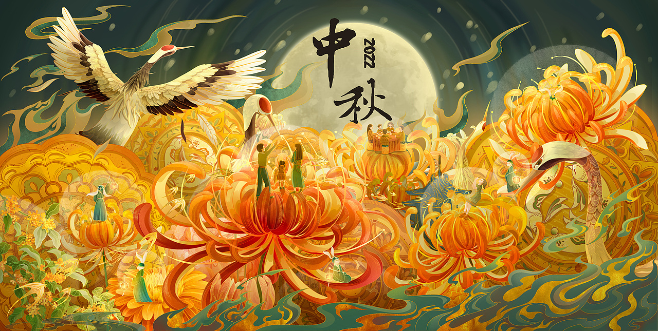 中秋节装饰性国潮风包装插画|秋情寄鹤