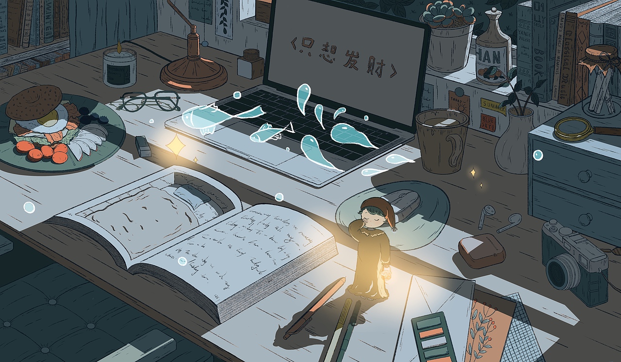 夜晚书桌梦幻小场景