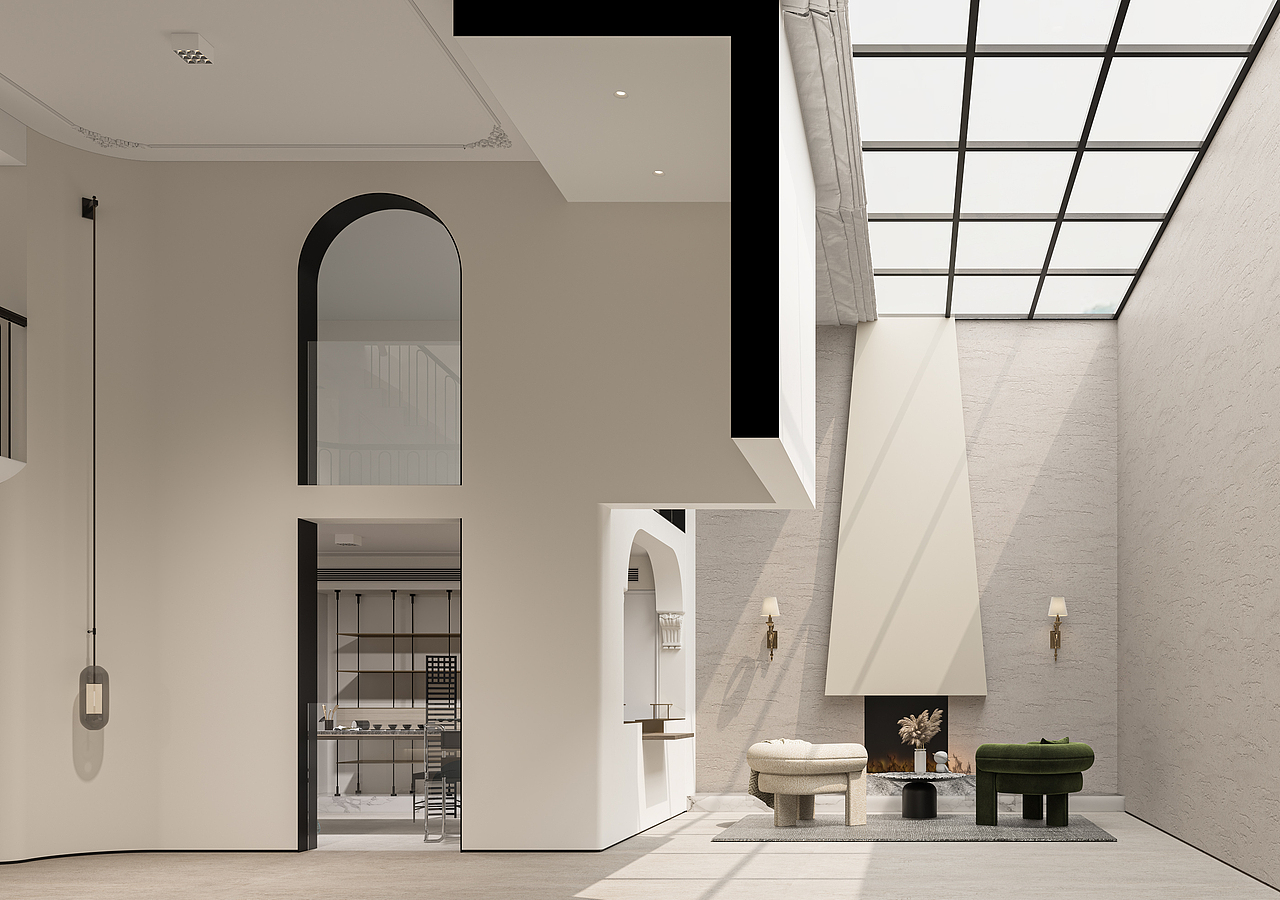 挑空采光井壁炉休闲区