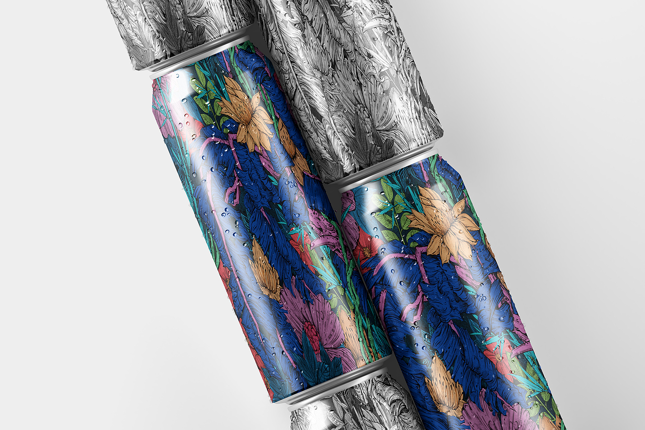 啤酒包装插画|黑白花卉|国画水墨