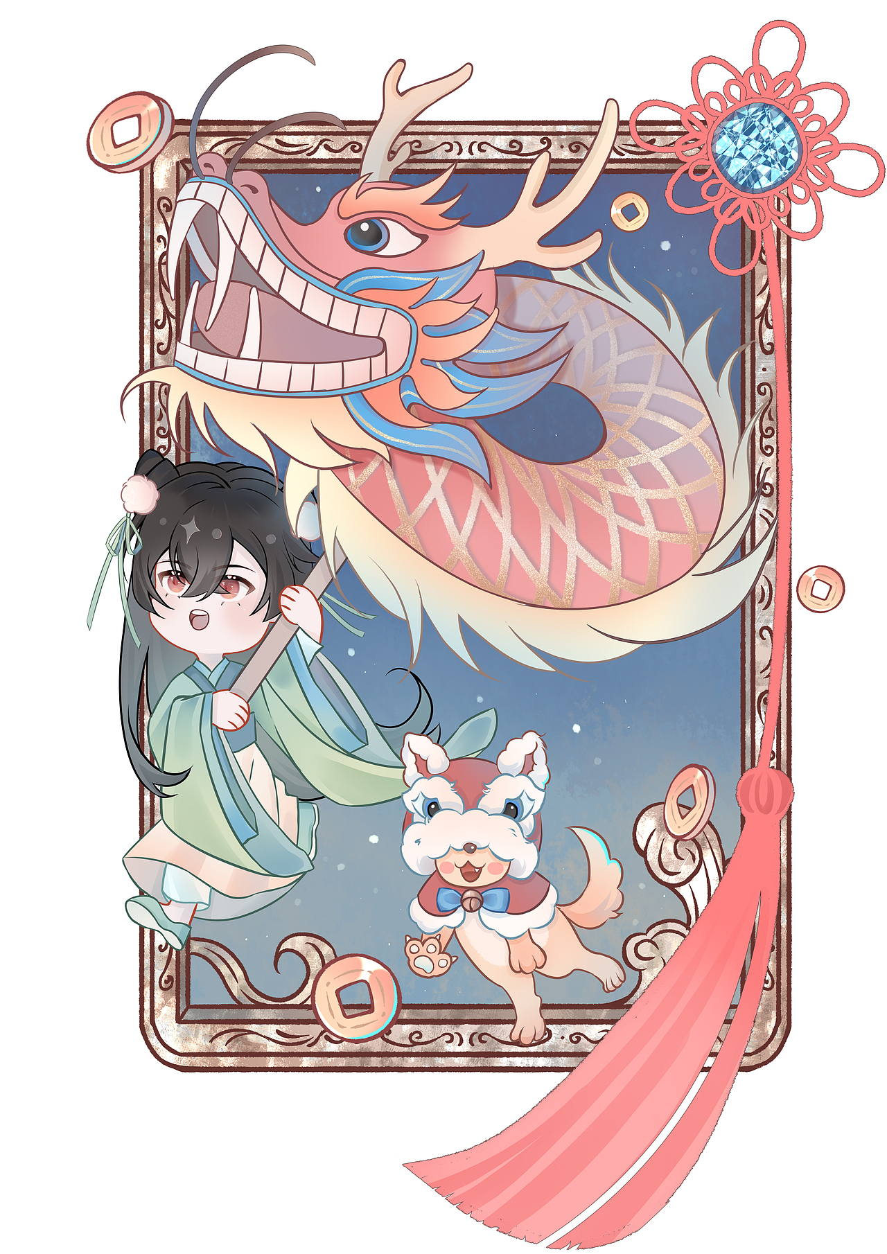 【花木兰】舞龙正贴合龙年的场景,舞狮帽子,流苏带有中国的元素。