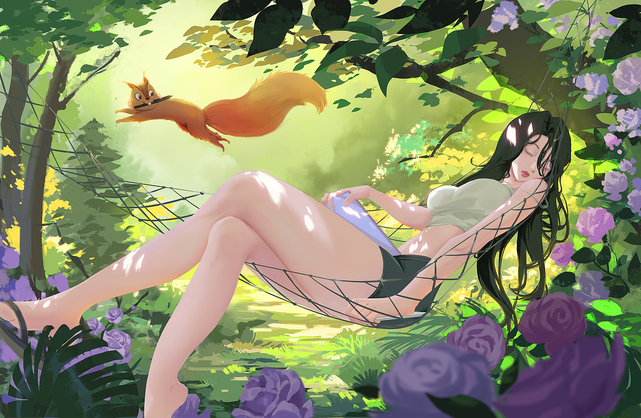 森林中睡在吊床上的少女