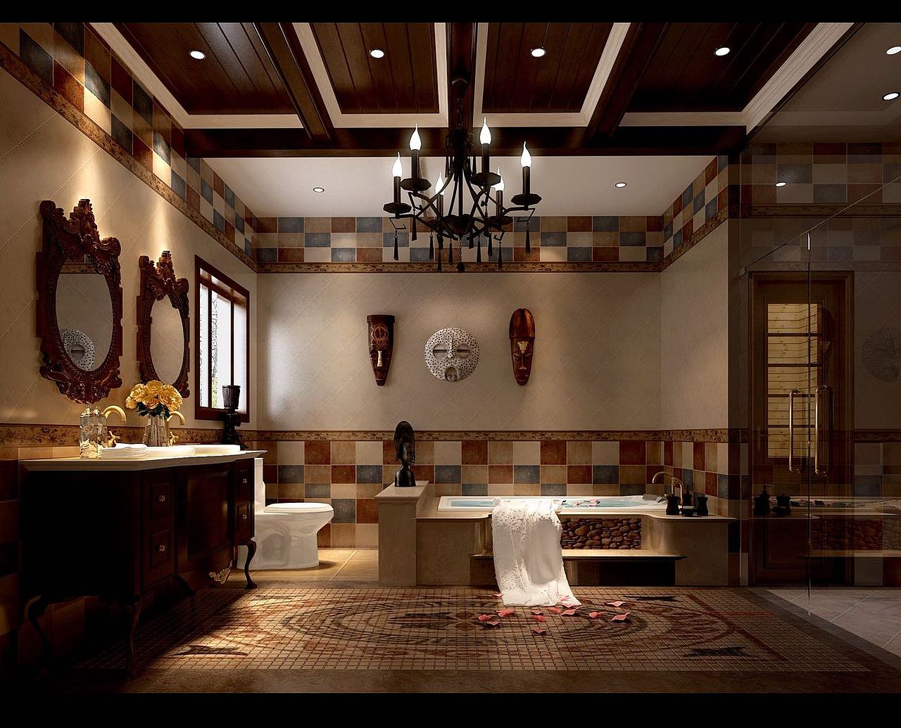 600平方米美式乡村,实木吊顶加仿古砖加持