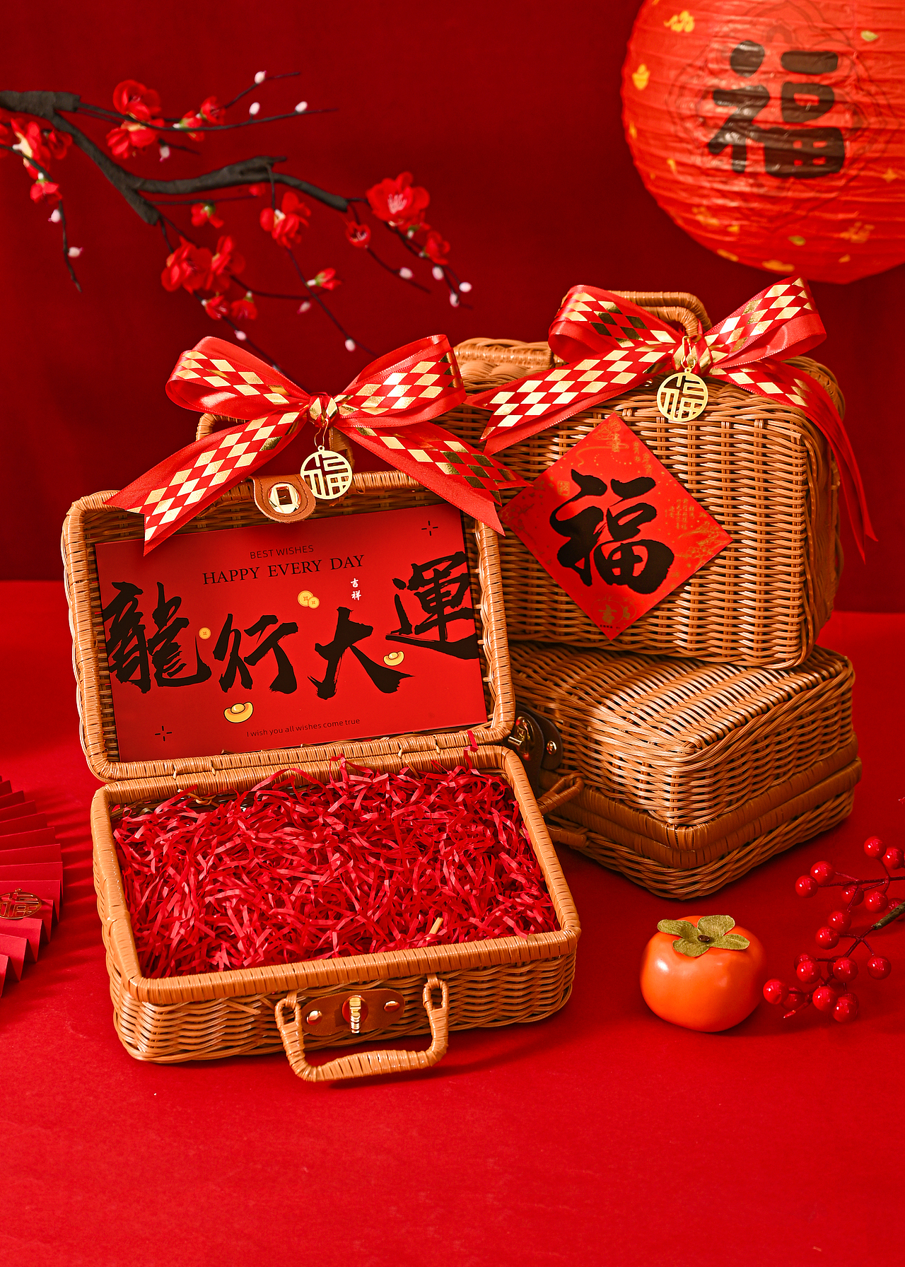 喜庆红色编织篮拍摄