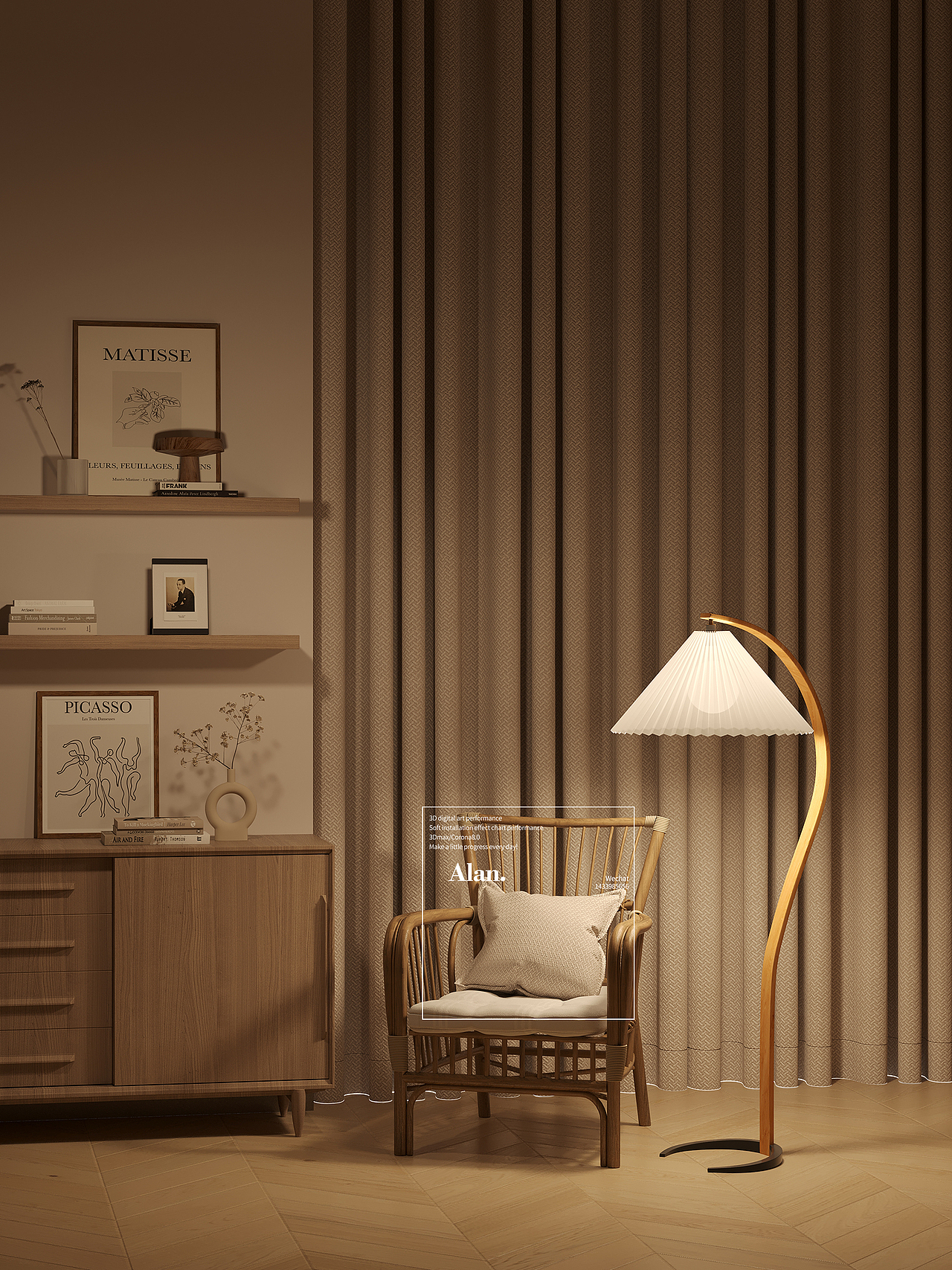 电商渲染|日式风卧室窗帘表现