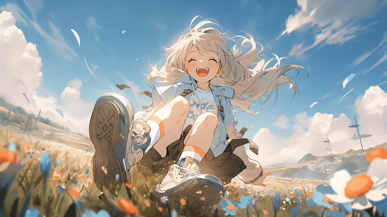 full body, anime girl, Grayish blue, shirt, Standing on the country meadow, Wearing sneakers., Smile at me, The blue sky and white clouds, lines, flowers --ar 16:9 --stylize 250 --niji 5