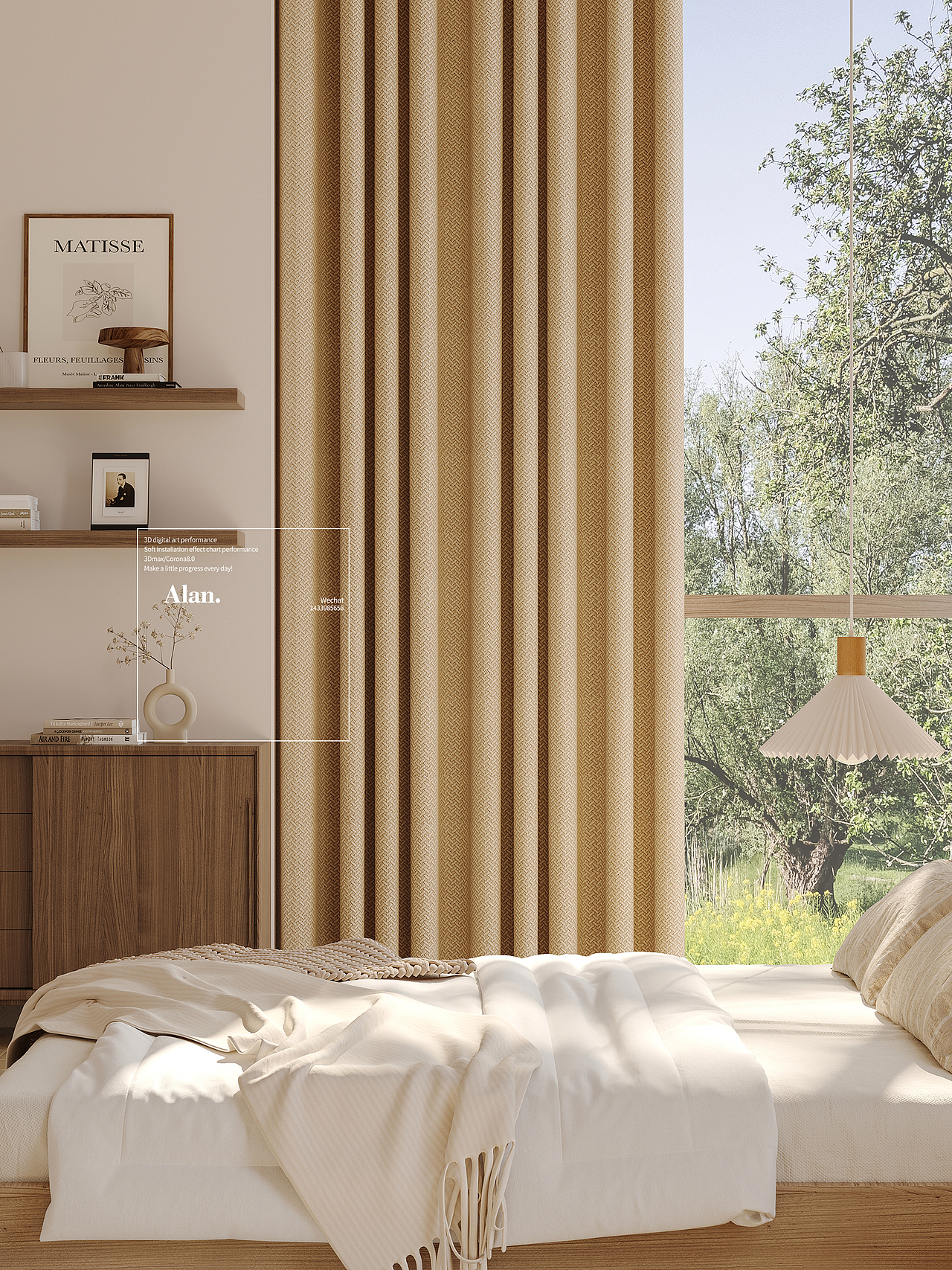 电商渲染|日式风卧室窗帘表现