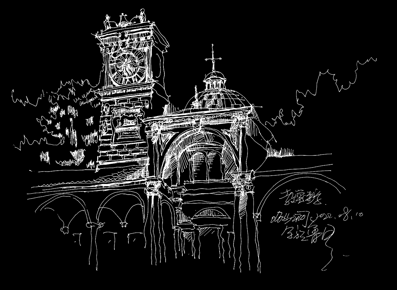 教堂建筑外观手绘