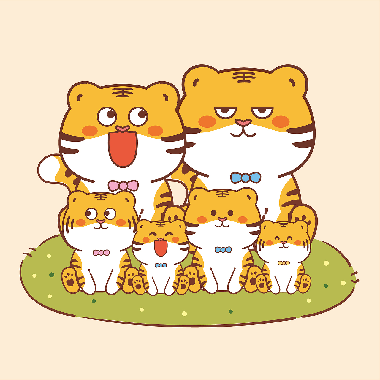 虎萌萌全家福 可爱插画胖虎萌虎卡通