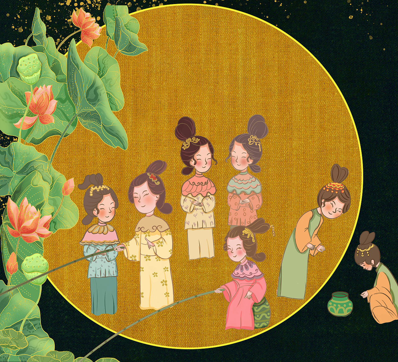 国风插画 红楼夏至，斗草,钓鱼,来约吗？（图ZMzA3NDIzNDQ0） - 商业插画 - 站酷设计师米山有鱼mi原创素材 - 站酷ZCOOL