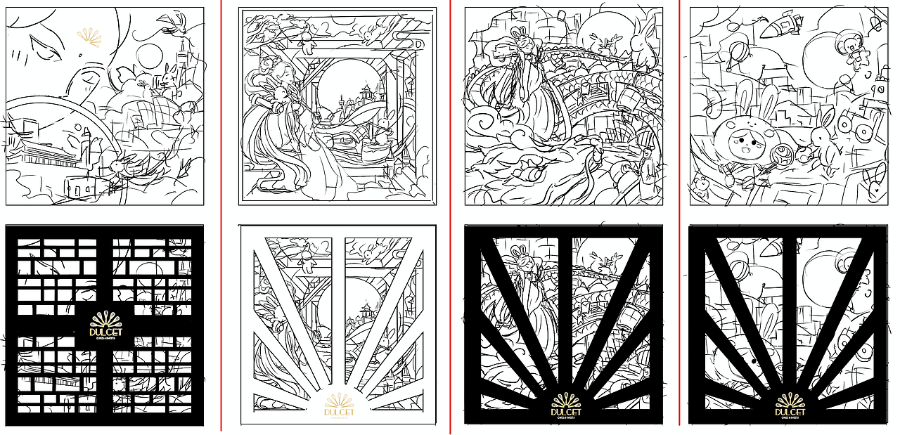 这是最初版本的设计构思。以嫦娥为元素,结合中国与澳洲的文化符号,描绘了四副嫦娥的生活场景。不过考虑到这样的画面显得小气,因此该方案被放弃。