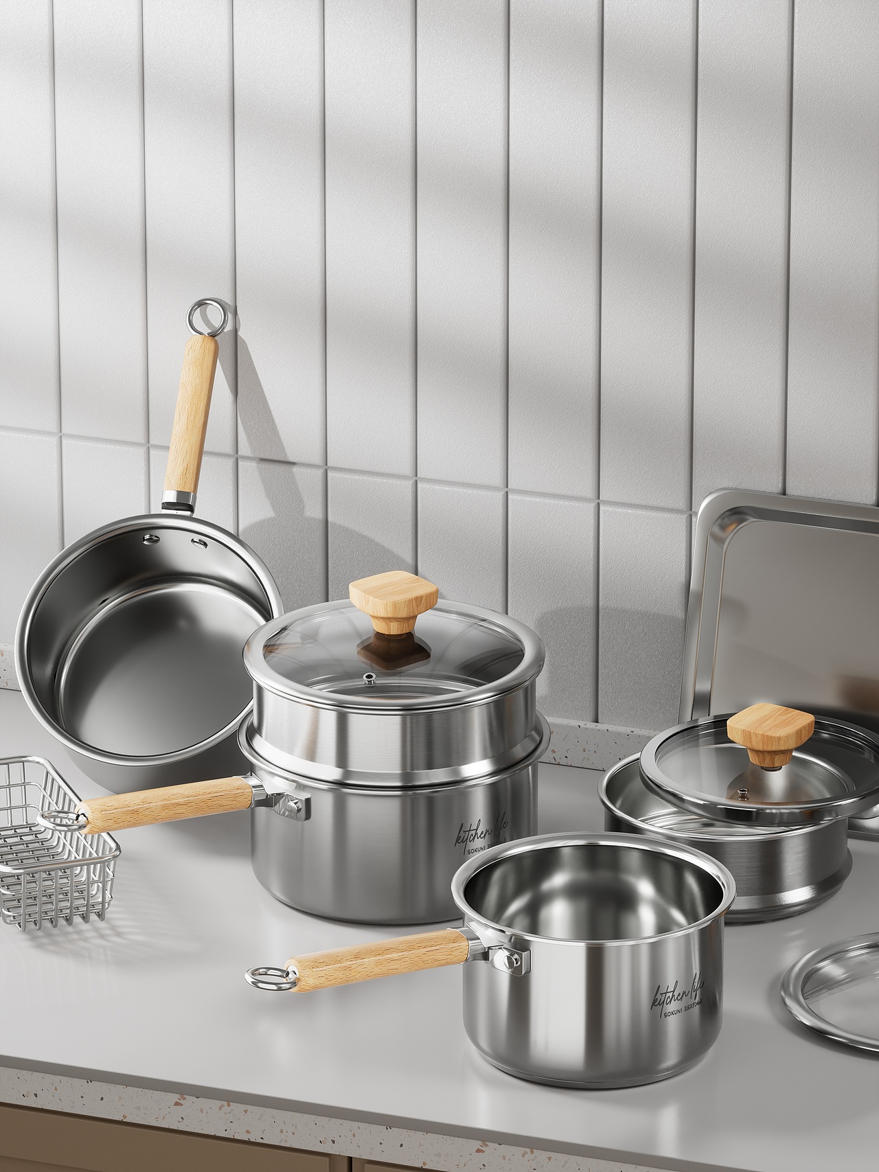 不锈钢蒸锅丨厨具丨3D丨C4D产品渲染 ✖ 德艺电商视觉