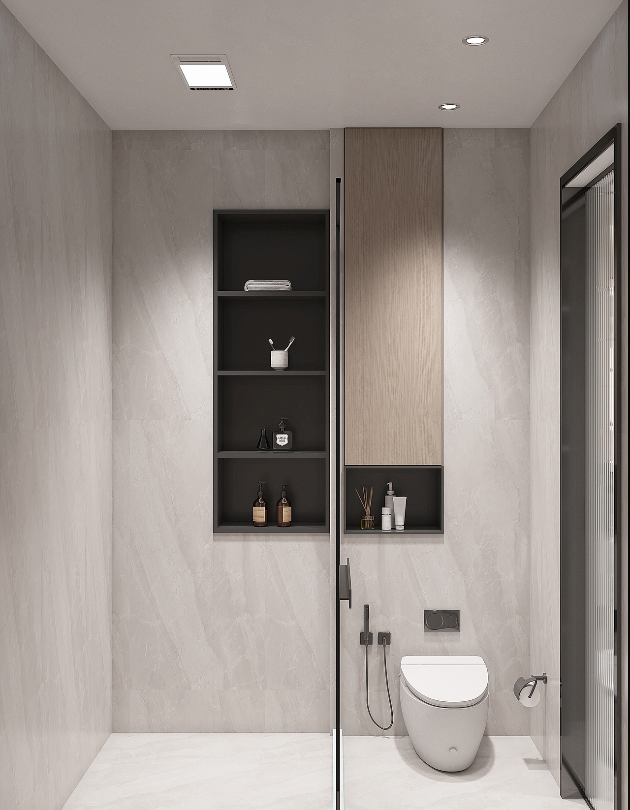 卫生间哑光墙砖搭配黑色不锈钢壁龛高级感满满。