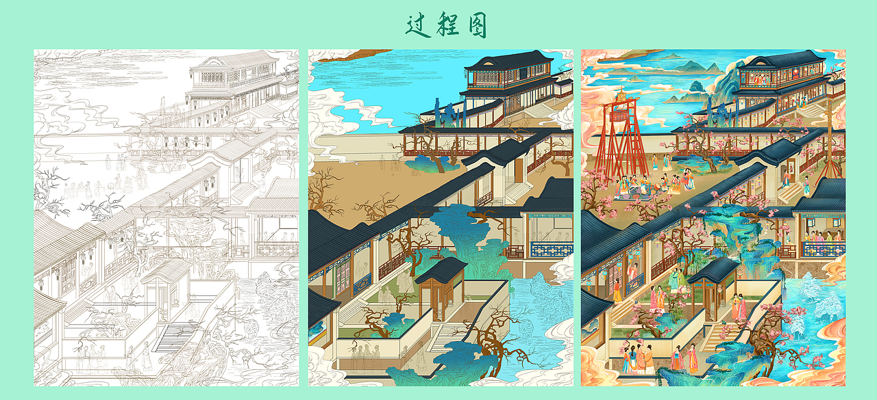 国风插画十二月行宫图*油墨质感