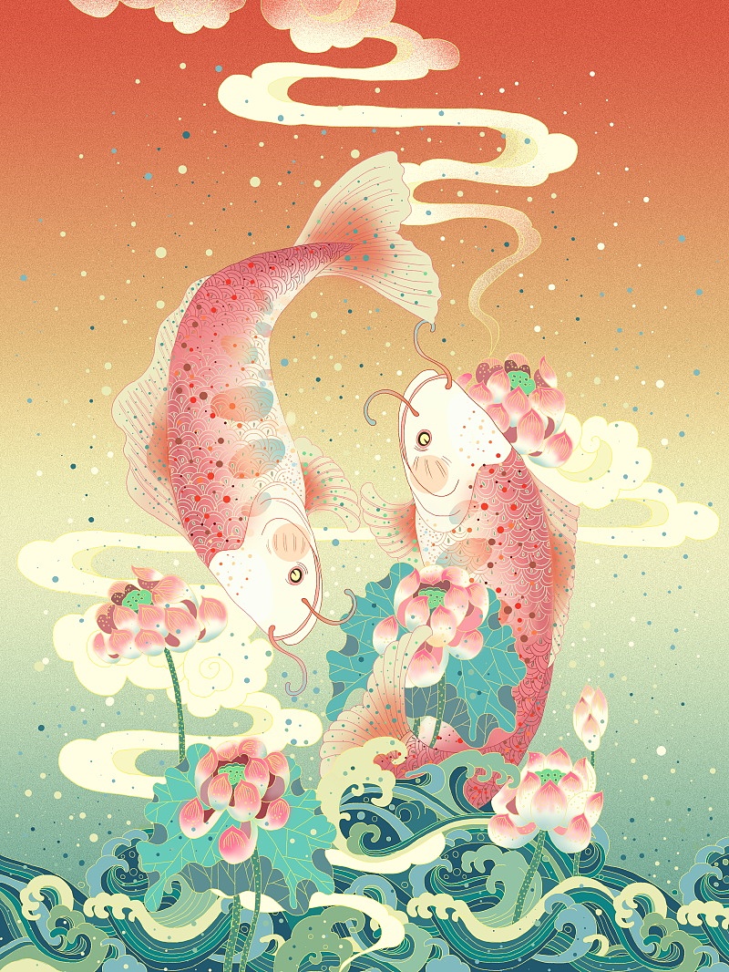手绘鲤鱼插画--竖版