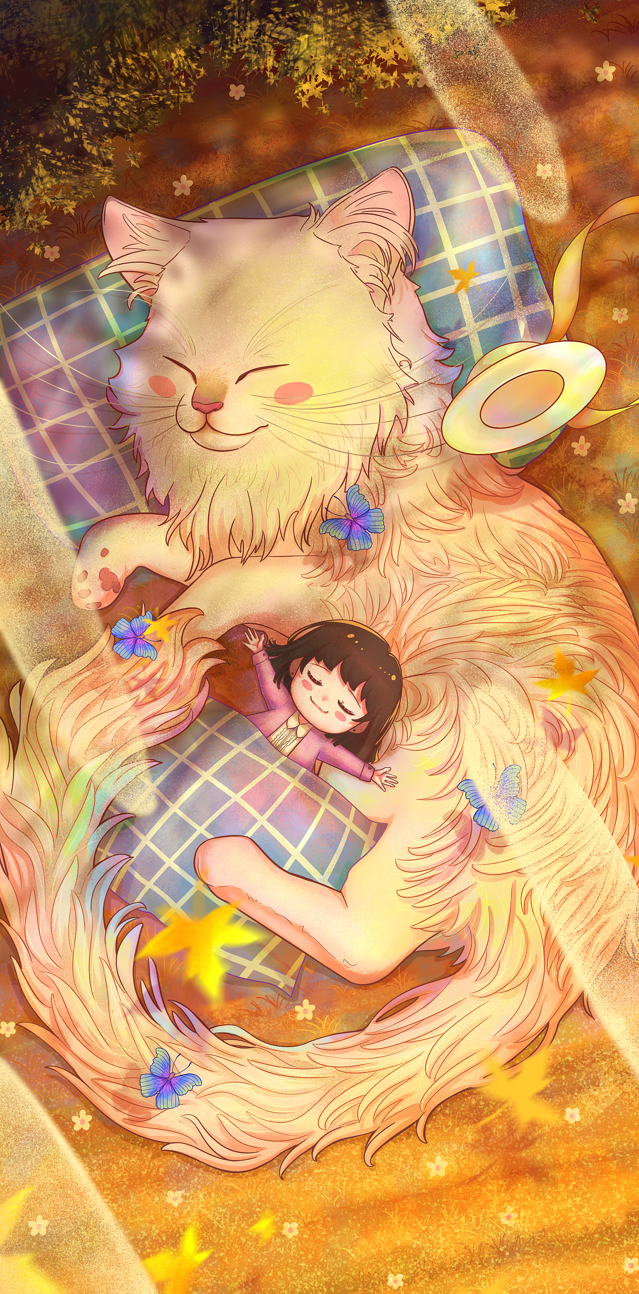 在秋日的草坪上,和小猫咪一起舒舒服服的闭目小憩,周围有轻柔的微风,柔软的白云,金灿灿的枫叶,美丽的蝴蝶环绕