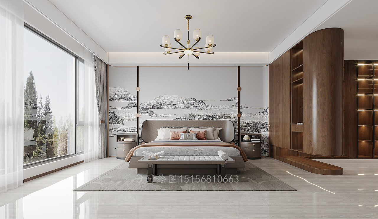 新中式现代中式大户型精装房-客厅餐厅卧室玄关一套