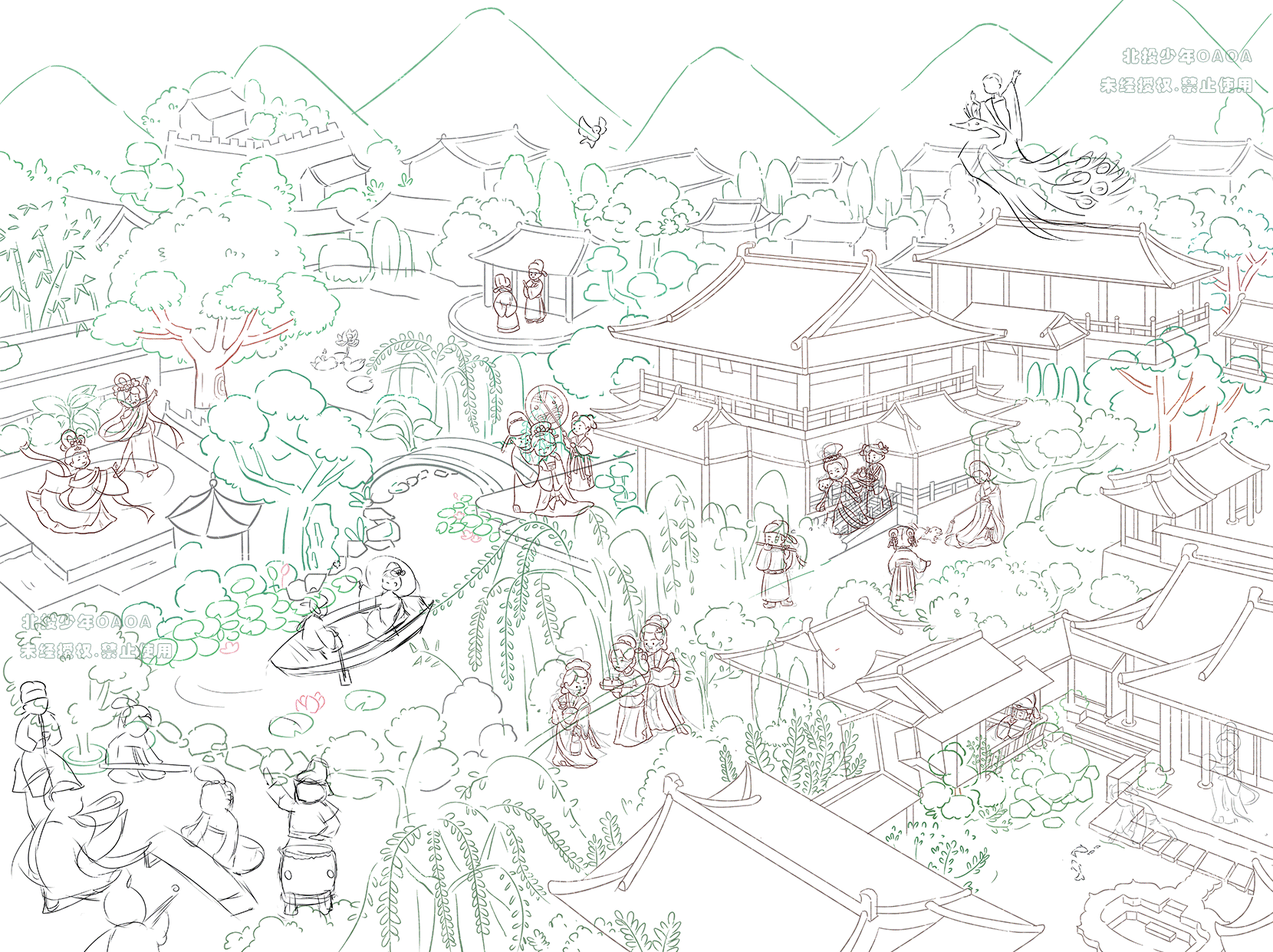 大唐游园图 | 原创插画（图ZMzY0NzcxMDA0） - 商业插画 - 站酷设计师北投少年OAOA原创素材 - 站酷ZCOOL