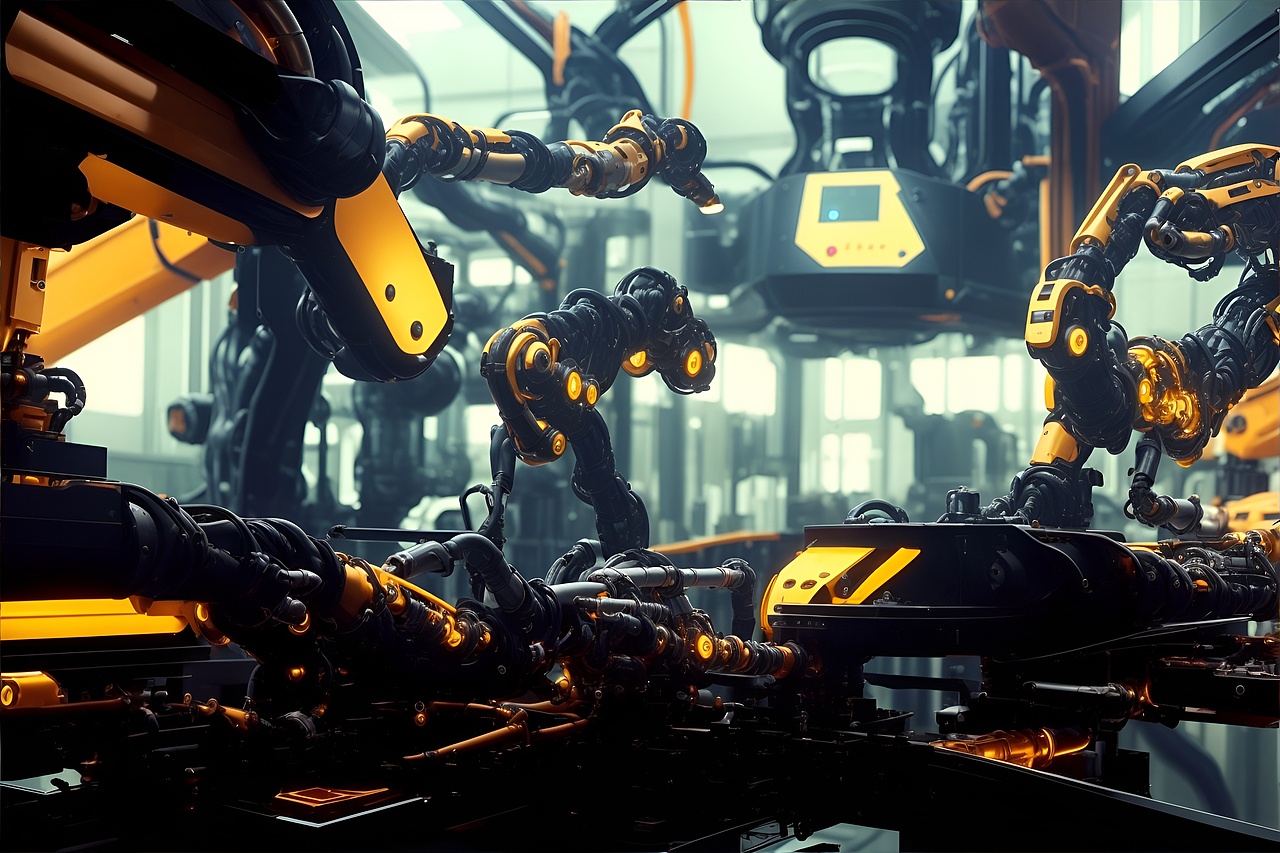 智能机械臂在工厂车间工作的艺术感场景
