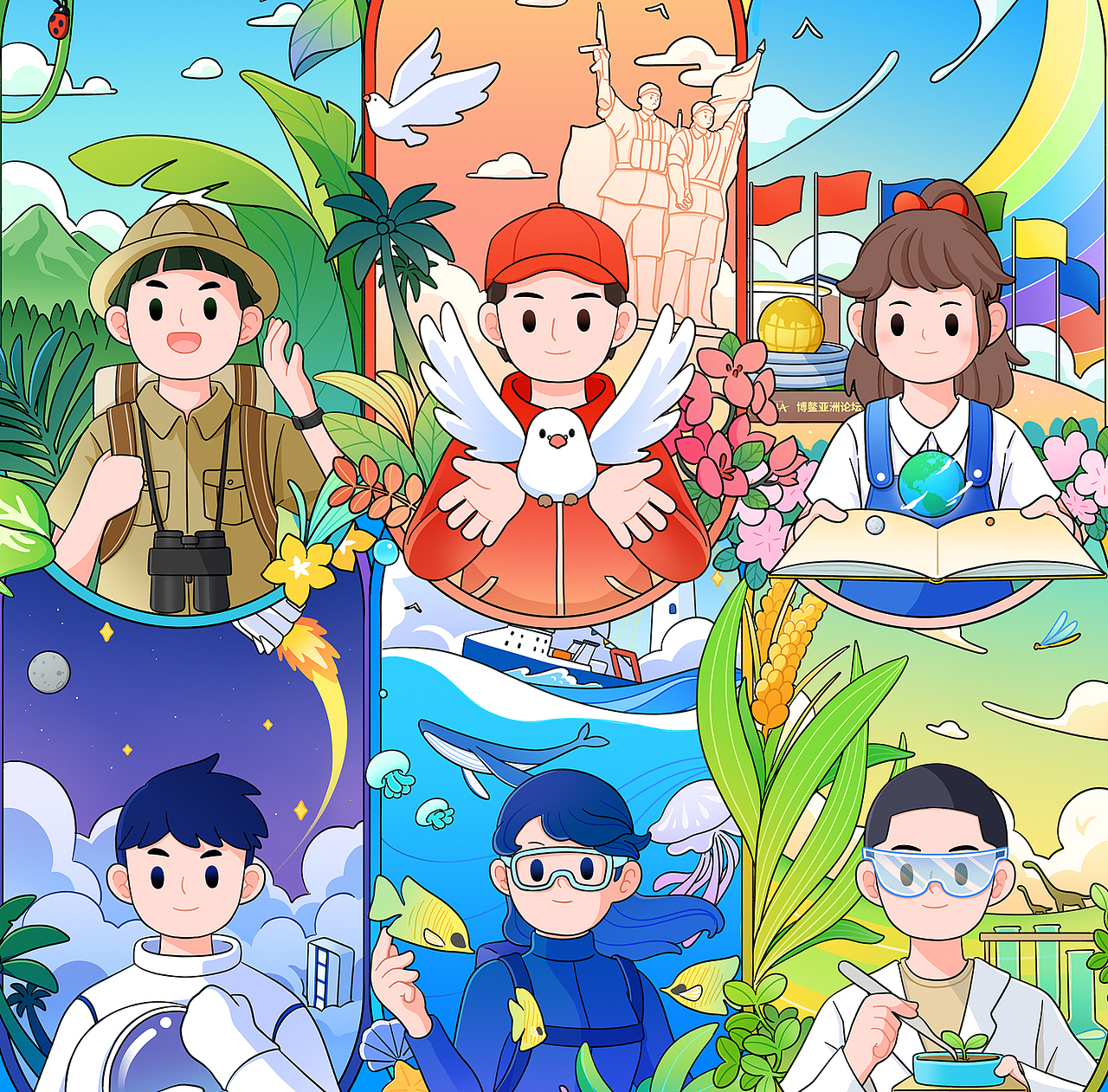 商业动态插画设计丨筑梦大道六个梦想系列主题动态插画