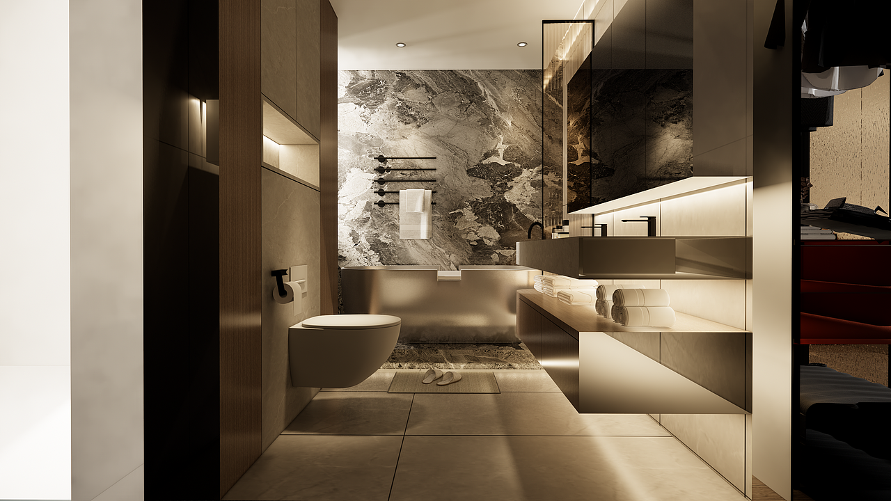 主卫，一块精致的通高岩板奠定品质与美感。