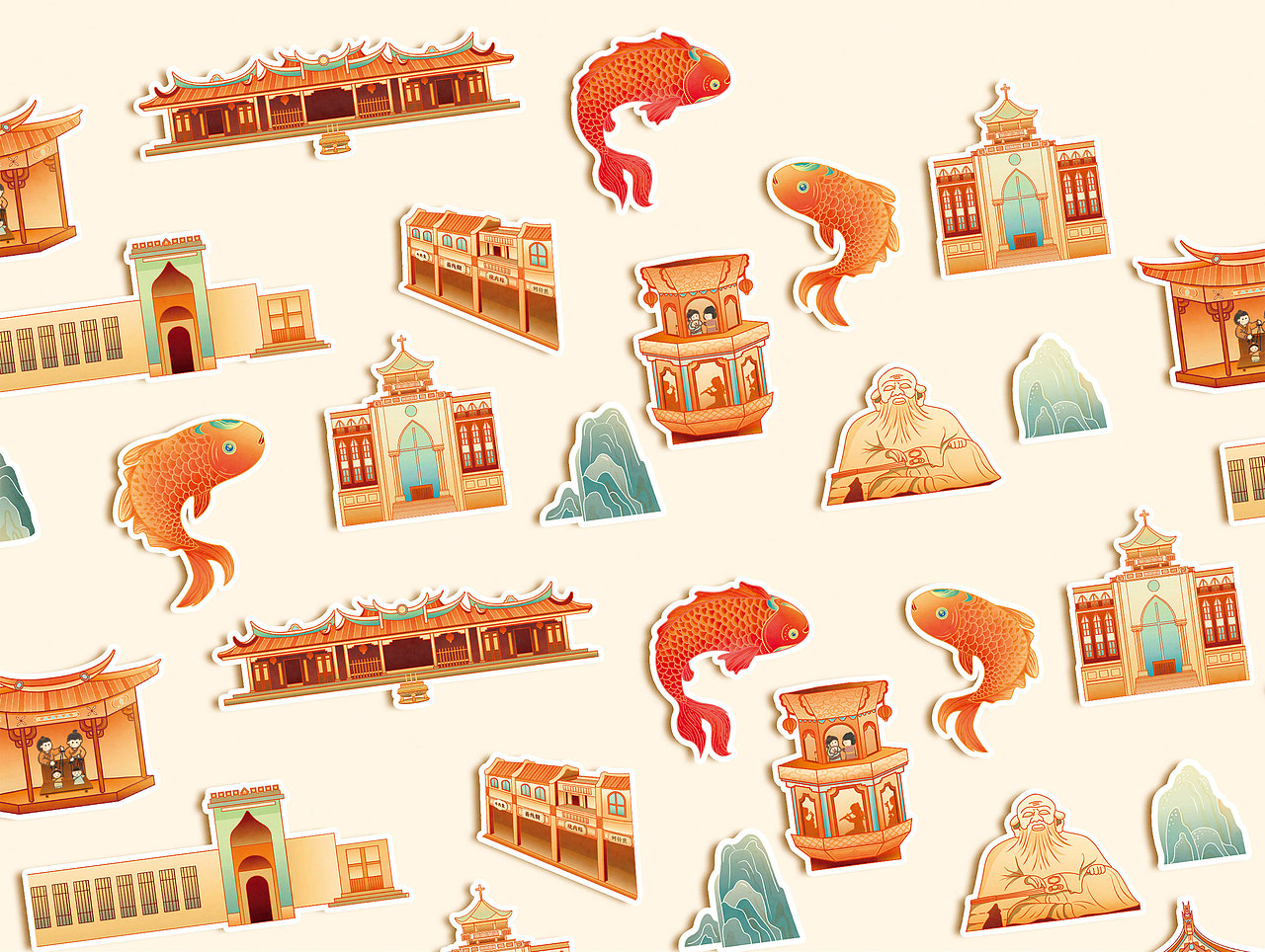 鲤跃泉城-泉州文化地标包装插画设计