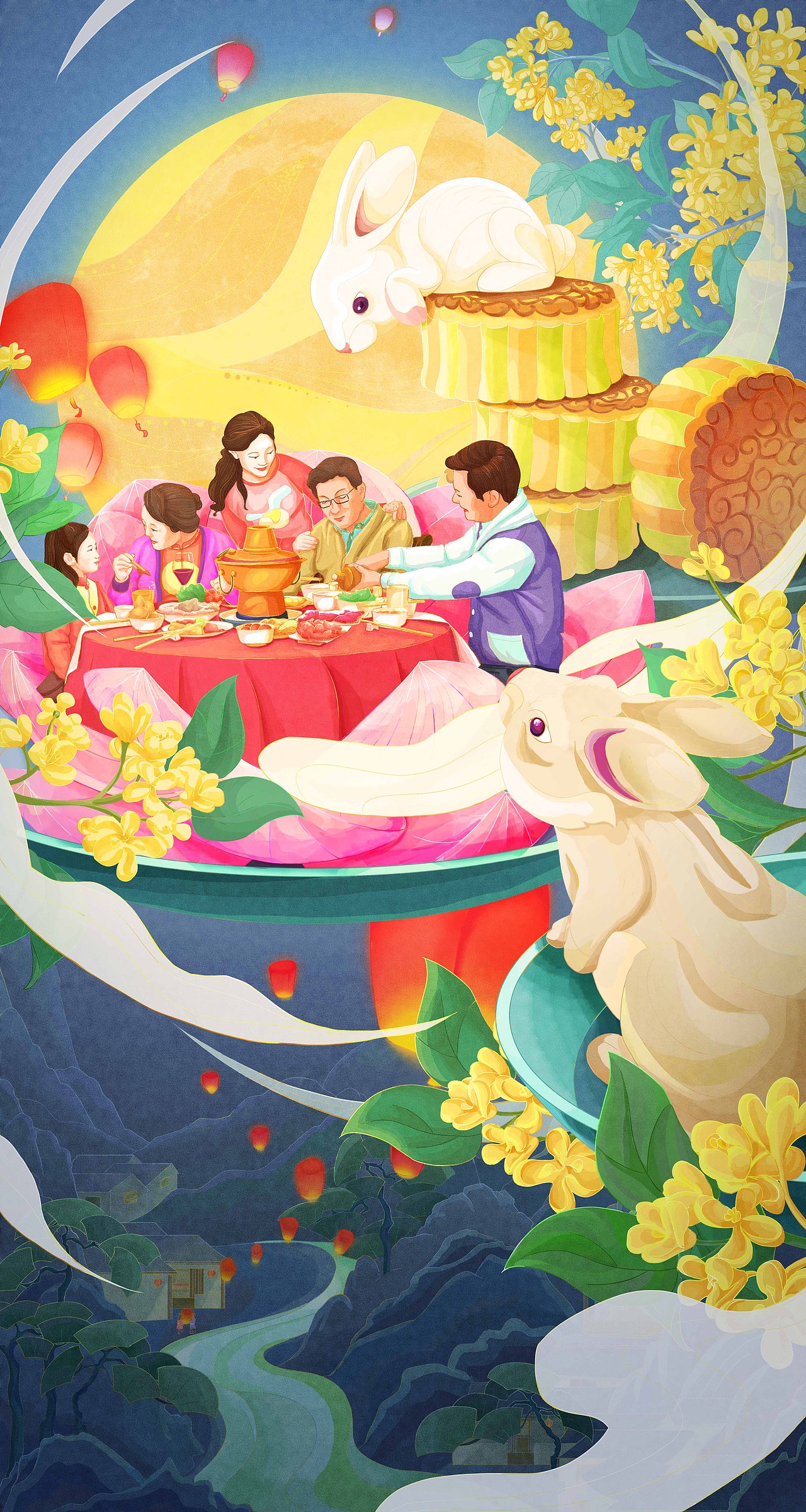 中秋插画-月圆人团圆_sunny媛520-站酷zcool