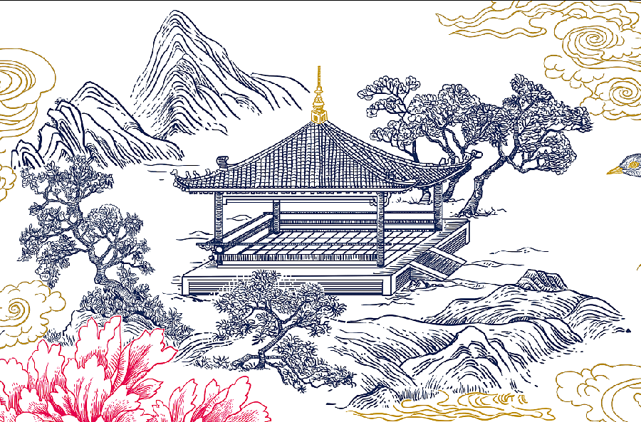 牡丹亭铜版画，牡丹酒，牡丹茶，化妆品包装插画设计（图ZMzQ2NDc1NzI4） - 艺术插画 - 站酷设计师鲲鹏设计插画汪攀原创素材 - 站酷ZCOOL