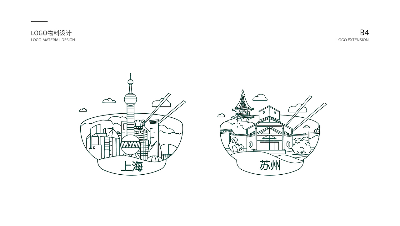 公司在苏州和上海均设立食堂,为区分地域,设计了两个地区的标志性建筑插画,与饮食元素结合,意为“食在上海”“食在苏州”