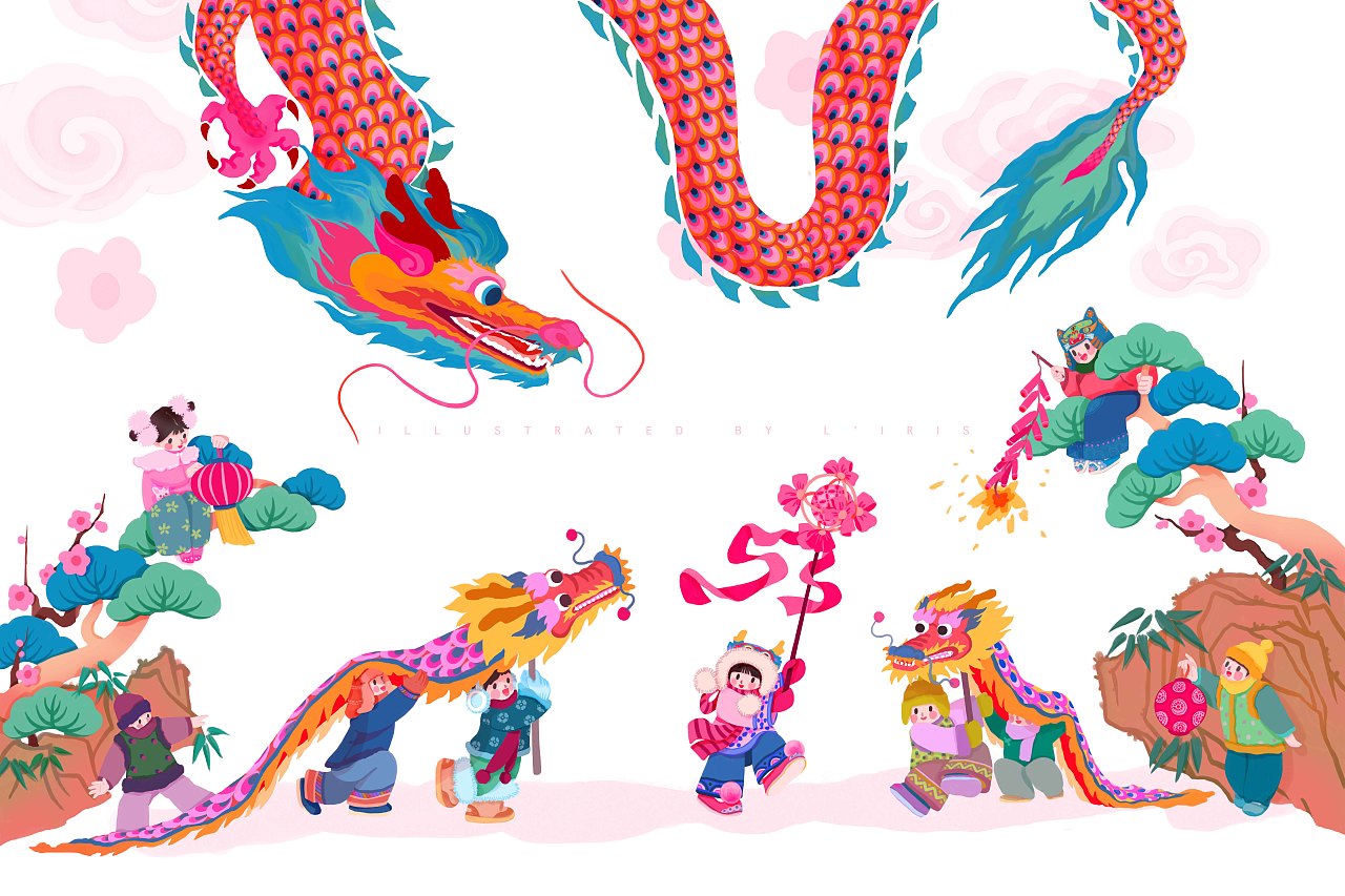 新春国风插画 |《欢喜龙腾过大年》（图ZMzYwMDcwODky） - 商业插画 - 站酷设计师石榴LIRIS原创素材 - 站酷ZCOOL