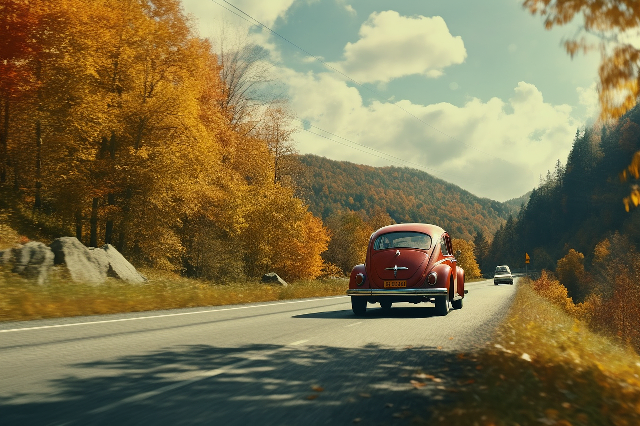 设图网|乡间小道落叶氛围汽车摄影图