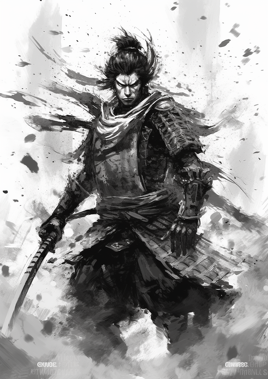 战斗中的黑白武士水墨画