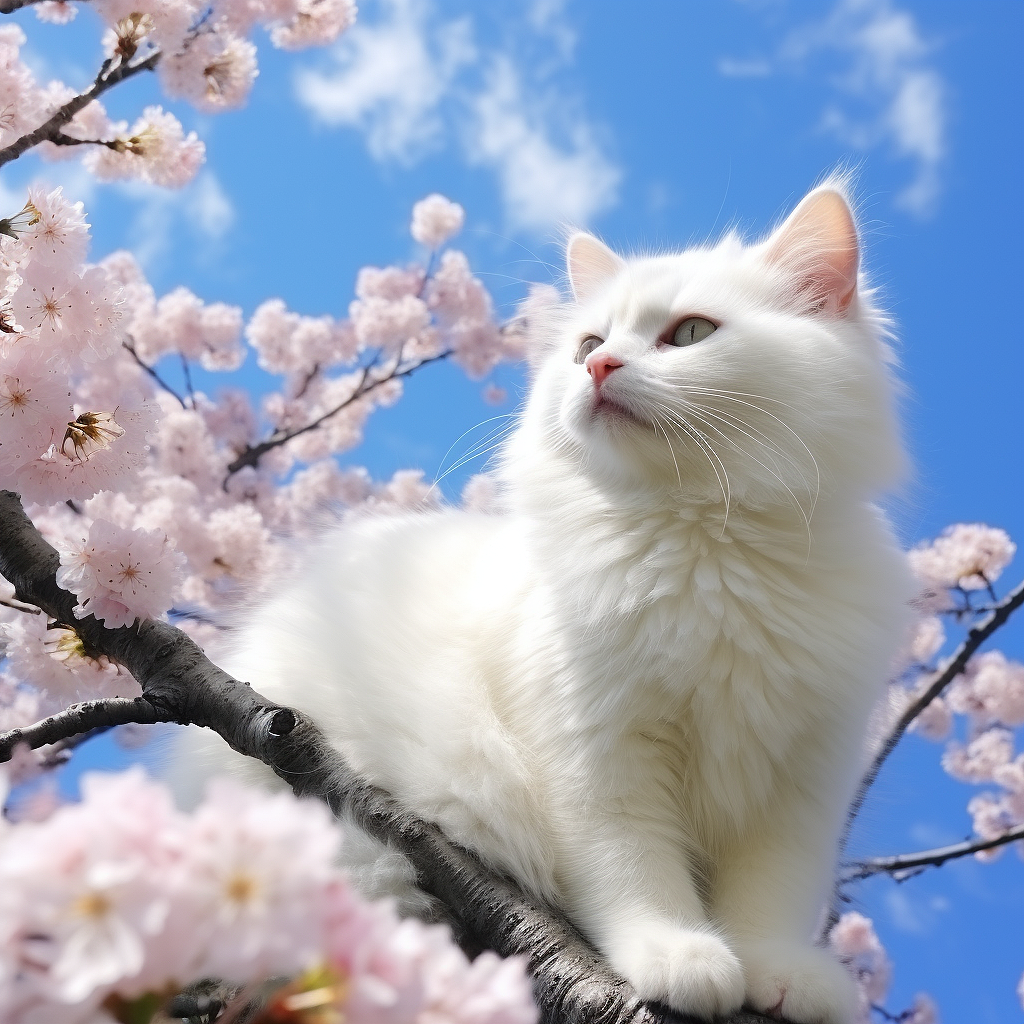 白猫坐在盛开的树上的照片