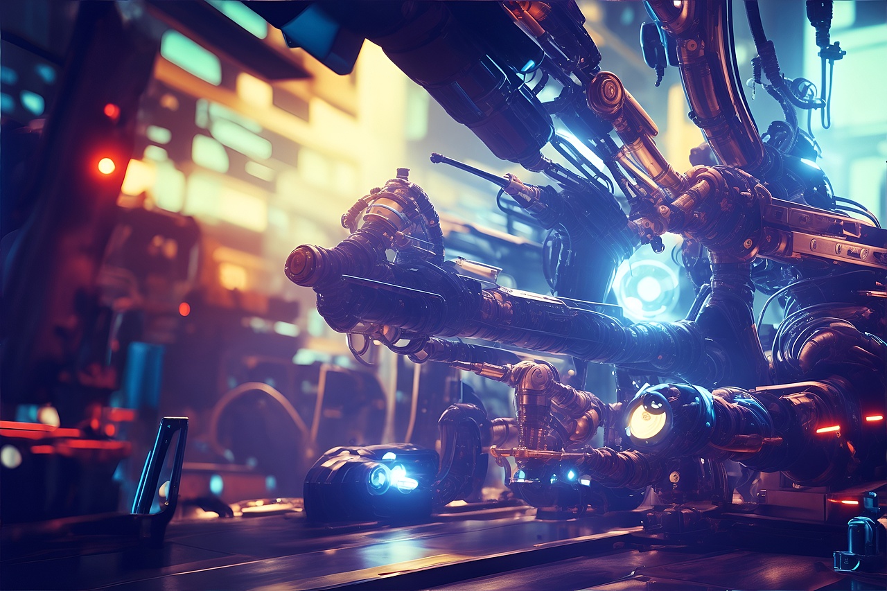 智能机械臂在工厂车间工作的艺术感场景