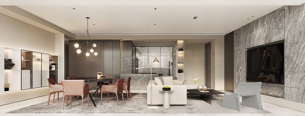 金辉中央铭著198大平层极简风格设计,繁就简 在装饰上,现代极简风格装修体现了简洁又不简单的特点,这一点跟现代简约十分相似,极简风格会去除复杂的装饰,改用线条和色块来做区分或者点缀,通过最简单的形式、最理性的设计手段,追求一种纯粹、无杂质的艺术效果