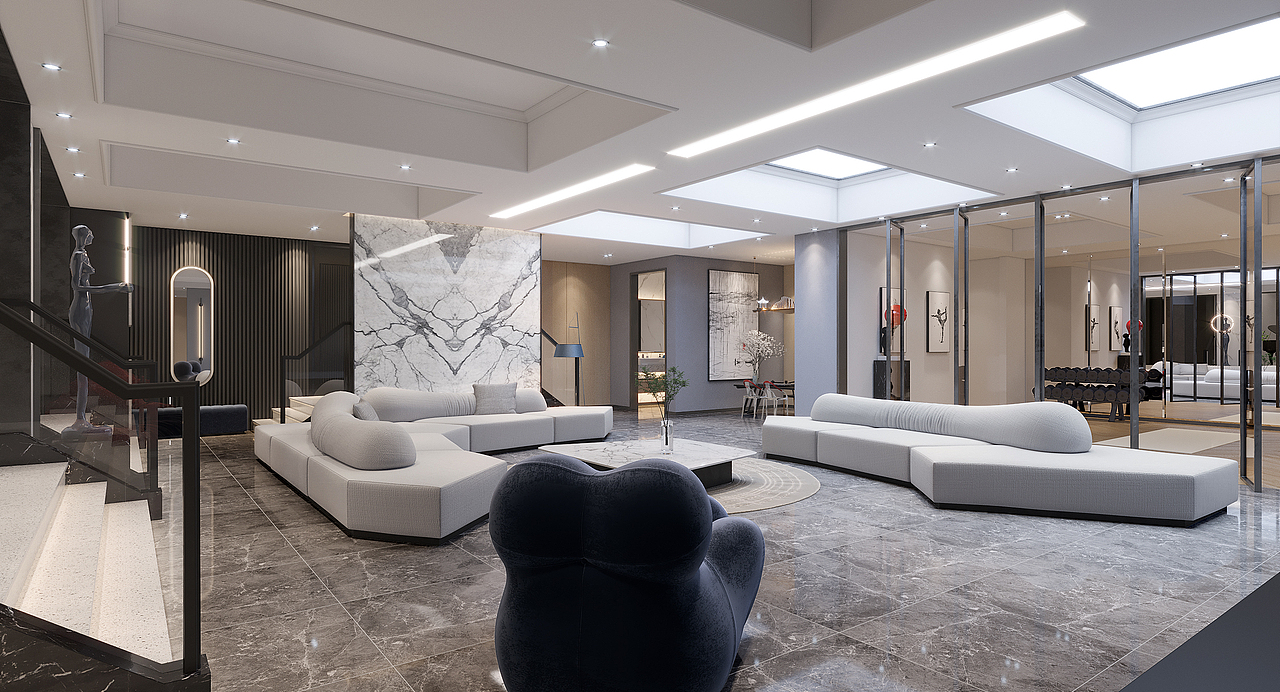 客厅和健身房的区域划分,设计师谢孔锁在空间设计布局上,采用了360度旋转玻璃门设计,既能有效的将空间分开,也能增加健身房光线,同时也是客厅设计的一大亮点,也是家人和朋友相聚时刻打卡地。凸显空间层次和品味