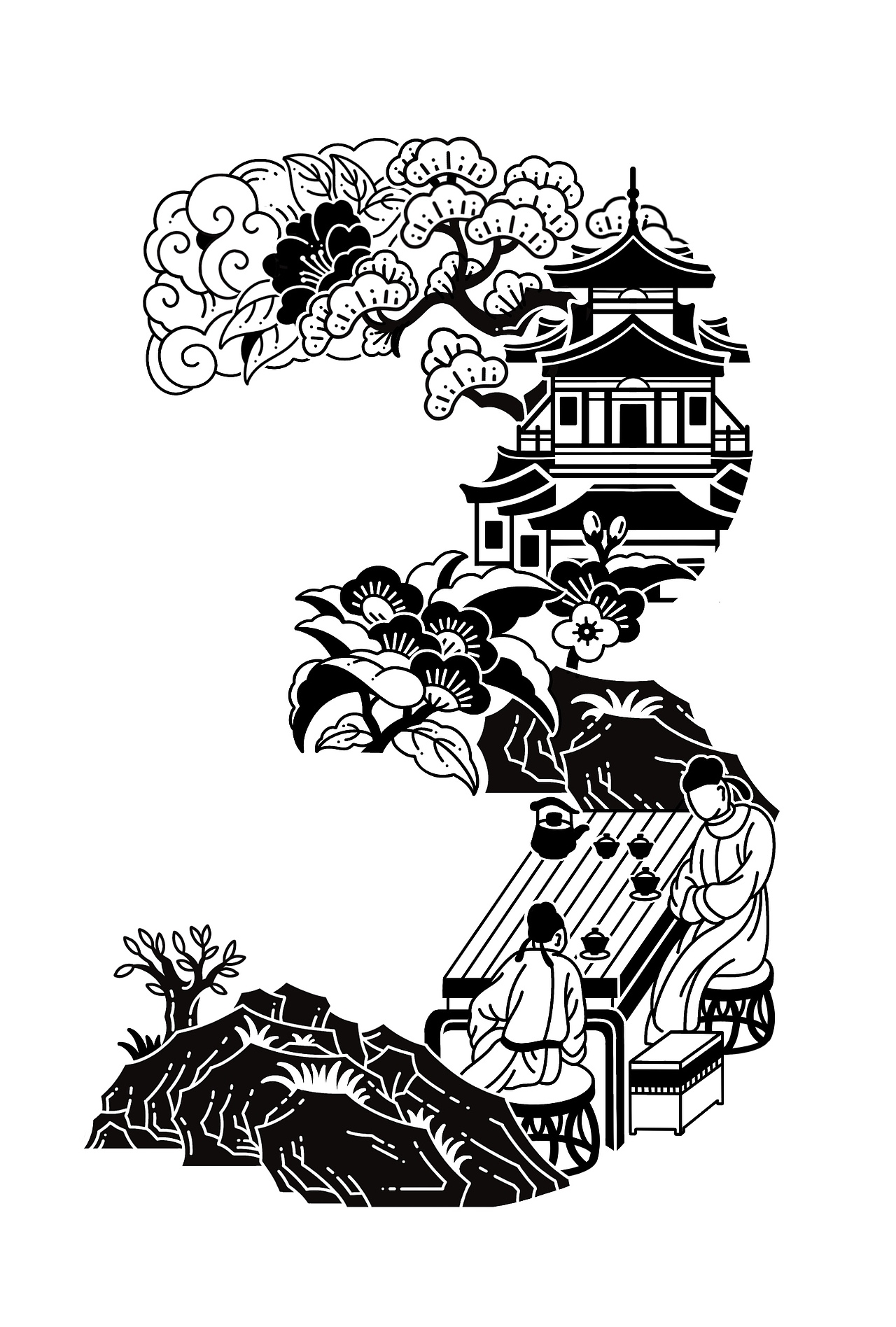 “369” 宋朝 喝茶 煮茶 运茶 黑白插画