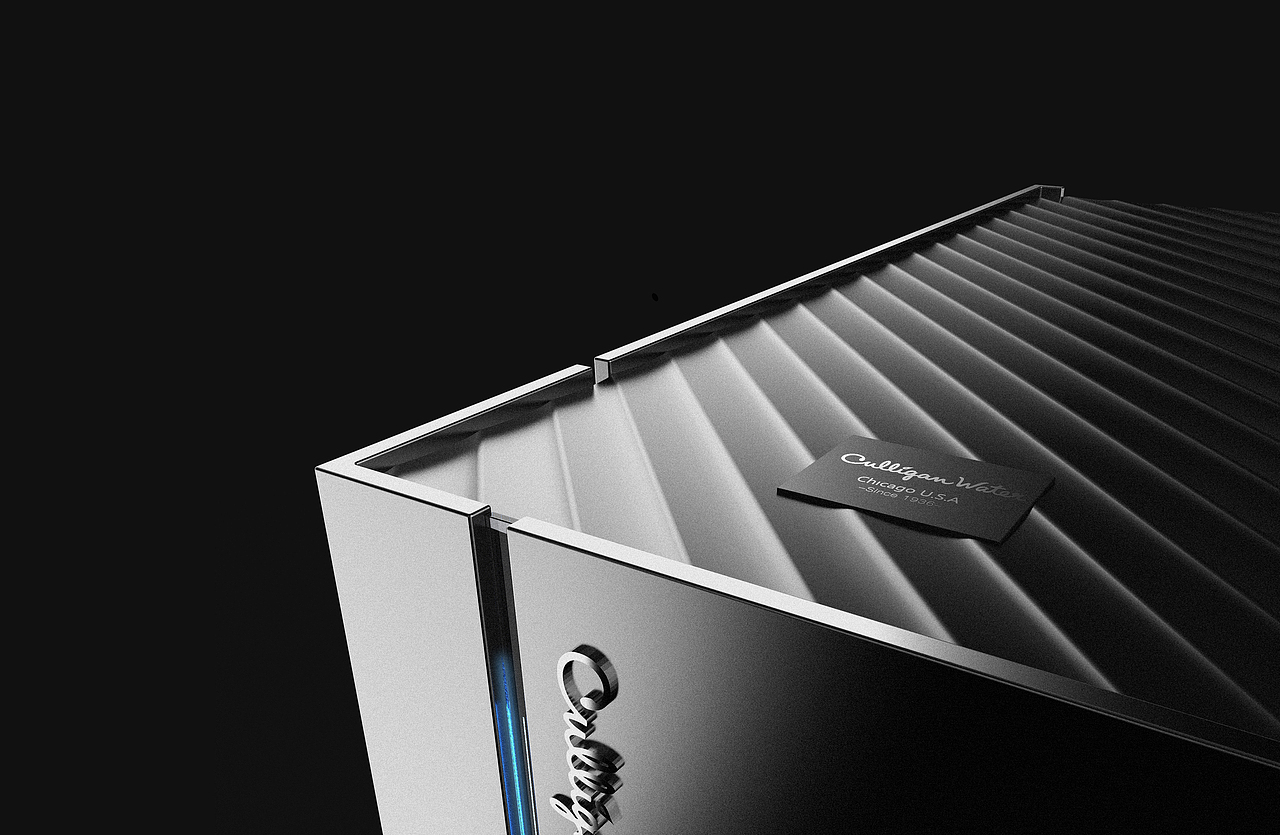 The product styling is based on Culligan water industrial design style, with fine chamfers, minimalism, texture and interpretation. The silver-plated aluminum panel is futuristic, embellished with a light-corrugated top cover and embedded with a brand name plate to clarify the Conley's water purification concept.