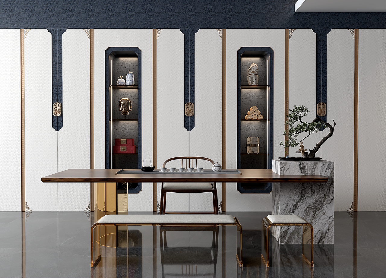新中式茶室设计 效果图表现